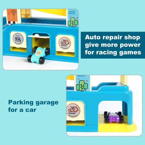 Vista 2 de Juguete deslizante para niños pequeños, pista de carreras con 6 rampas y 8 mini autos, juguetes de carreras de zig zag Slide regalos para niños