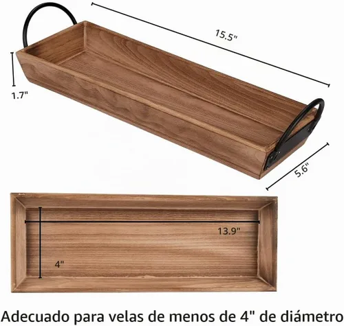 Vista 2 de Bandeja de velas rectangular de madera con asas de metal negro, portavelas de madera rústica para exhibir velas, centros de mesa para mesa de Madera