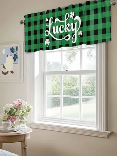 Vista 5 de Cortinas de cocina a cuadros Buffalo del día de San Patricio, cenefas para ventanas, tréboles de la suerte, con bolsillo para cortinero, tratamiento