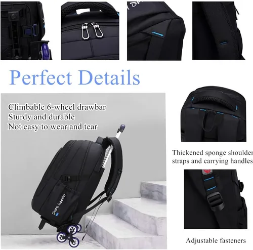 Vista 5 de Mochila con ruedas de color sólido para niños, para escuela secundaria, con ruedas, Verde Negro, Moderno