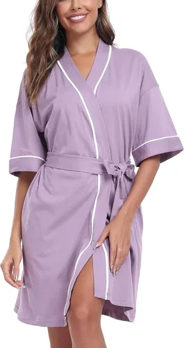 Vista 88 de COLORFULLEAF Bata de baño de manga corta para mujer, 100% algodón, longitud hasta la rodilla, con bolsillos