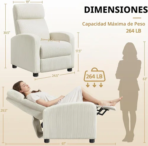 Vista 3 de Yaheetech Silla reclinable de pana para sofá individual, asiento de cine en casa, silla reclinable moderna ajustable para sala de estar, dormitorio