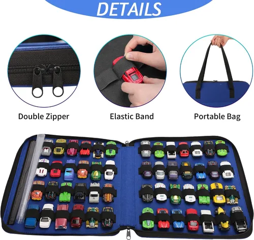 Vista 3 de Organizador de coches de juguete con 52 ranuras (Azul) Se adapta a automóviles fundidos a presión 1:64. Coches no incluidos. Estuche portátil