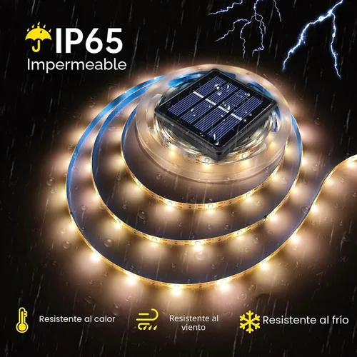 Vista 5 de Tira de luces LED solares para exteriores, impermeable, 10 pies, cinta cortable, iluminación de 3000 K, blanco cálido con 8 modos para valla