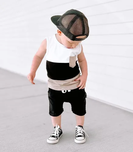 Vista 58 de Conjunto de ropa casual de manga corta con botones y pantalones cortos de lino para bebés y niños pequeños