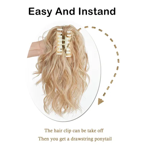 Vista 4 de Cola de caballo rizada, cola de caballo de ondas sintéticas para mujer, extensiones de cabello corto y grueso con clip en cola de caballo ondulada