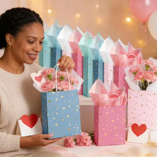 Vista 6 de Pajean Paquete de 32 bolsas de regalo de fiesta con temática de estrellas con asa, mini bolsas de regalo de papel kraft con pañuelos, suministros
