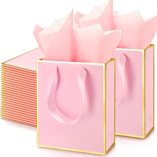 Vista 13 de Yeaqee Paquete de 100 bolsas metálicas de regalo con asa y papel de seda de papel de seda dorado para graduación, boda, padrinos de boda, regalos