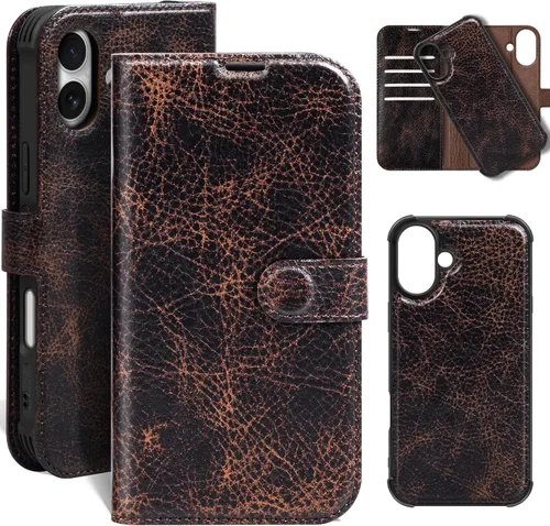 Vista 16 de Funda de cuero compatible con iPhone 16 Pro Max Cartera 6.9", cuero genuino 2 en 1, magnética, desmontable, a prueba de golpes, funda tipo folio