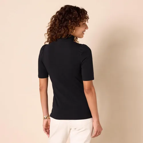 Vista 3 de Tienda Essentials Cuello alto de manga abullonada de algodón modal drapeado para mujer