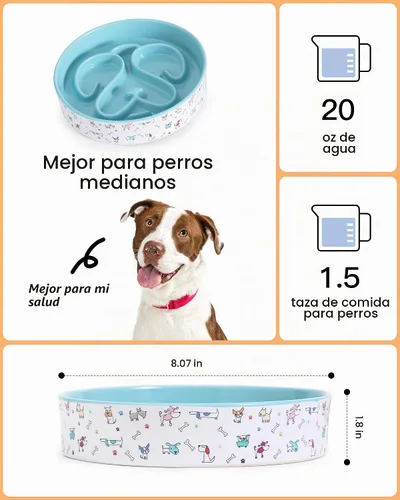 Vista 2 de Cuenco para perros de alimentación lenta, cuencos de cerámica de 8 pulgadas Azul