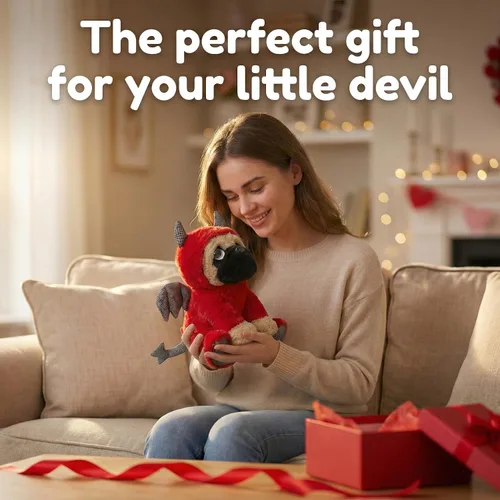 Vista 9 de Peluche de pug en disfraz de diablo de 10 pulgadas, color rojo para cumpleaños soft polyester dog with move down hood for nursery decor and