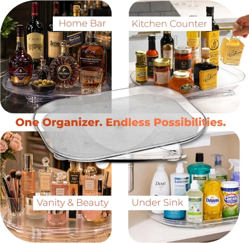 Vista 7 de Oizeir Frigorífico Lazy Susan - Organizador rectangular transparente para refrigerador con ventosas, bandeja giratoria de 360° para refrigeradores