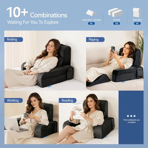 Vista 4 de Kayfia Almohada de lectura, almohada de espalda 10 en 1 para cama sentada con reposabrazos desmontable, respaldo con espuma viscoelástica de gel