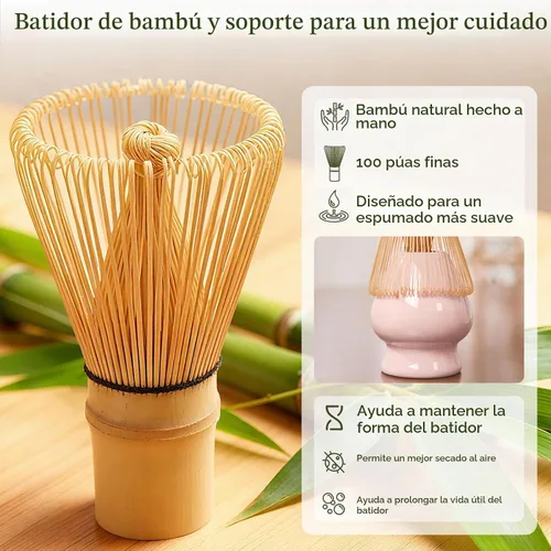 Vista 6 de Juego de batidor Matcha con cuenco de cerámica y cazador de bambú hoja rosado