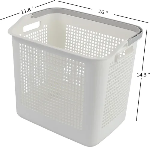 Vista 3 de Cesta de almacenamiento de ropa de plástico de 35 L, cesta de lavandería blanca con asa, paquete de 4 Dual side handles, easy to carry