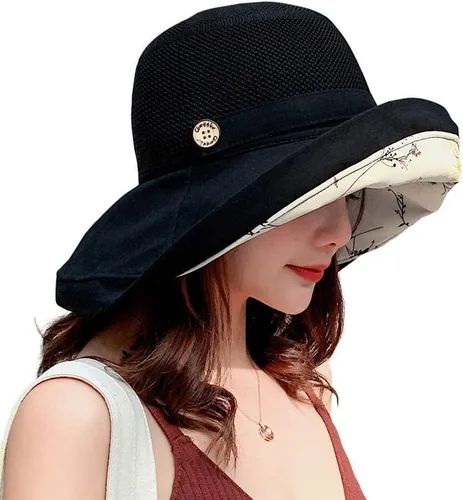 Vista 9 de Sombreros de malla de verano para mujeres con protección UV de ala ancha plegables para playa tipo bucket Gris