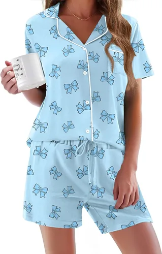 Vista 13 de Ekouaer - Conjunto de pijamas de manga corta para mujer, con botones, suave, 2 piezas, conjuntos de descanso, tallas XS-XXXL Verde Aqua