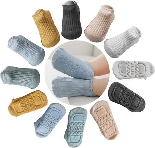 Vista 2 de Calcetines de tobillo antideslizantes con agarres de algodón multicolor para bebés recién nacidos 6 pares