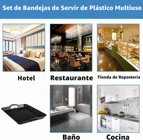 Vista 6 de Bandeja de plástico con asas, paquete de 2 bandejas rectangulares multiusos antideslizantes para servir restaurante para fiestas, mesa de café