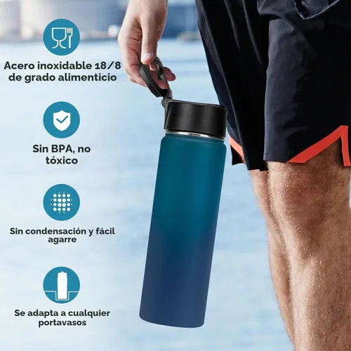 Vista 4 de Neihepal Botellas de agua aisladas de 22 onzas con tapa con popote a prueba de fugas, botella de agua de acero inoxidable de doble pared de boca