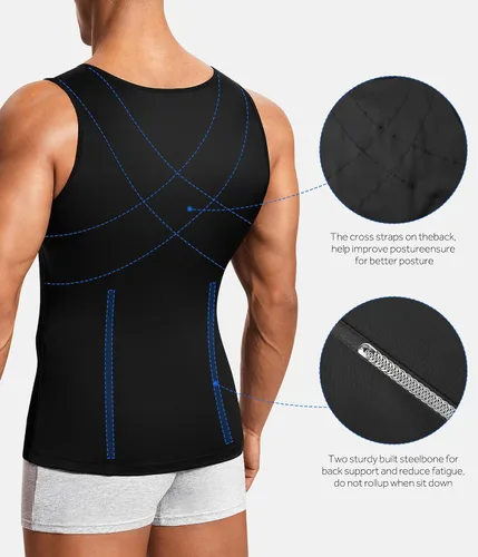 Vista 4 de Camiseta de compresión para hombre, chaleco moldeador de cuerpo, sin mangas, con cremallera, camiseta sin mangas, faja moldeadora para el estómago