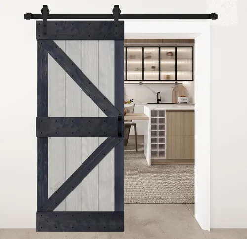 Vista 16 de Serie K - Puerta corrediza de granero de madera maciza con acabado marrón/nogal de 38 x 84 pulgadas con kit de herrajes (requiere montaje)