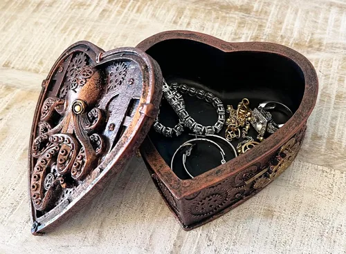 Vista 6 de Top Brass Steampunk - Joyero con forma de corazón de pulpo pequeño, decoración gótica ecléctica inusual (cobre rústico)