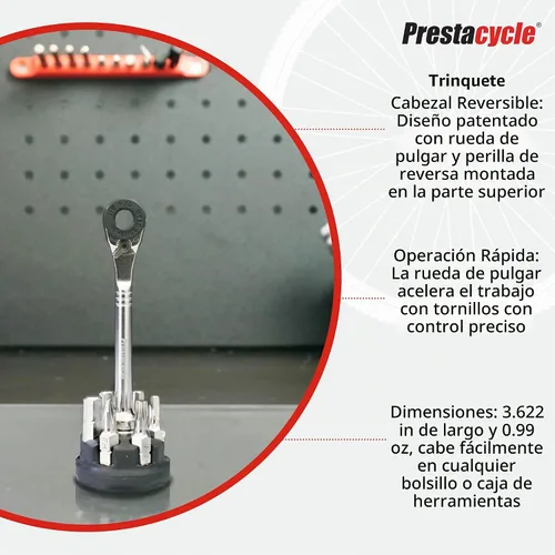 Vista 5 de Prestacycle Prestaratchet - Kit de trinquete de bolsillo micro con (6) puntas S2 y soporte redondo - Herramienta de trinquete hexagonal compacta