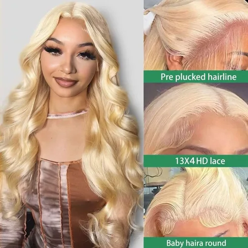 Vista 2 de YUTU Peluca de cabello humano con encaje frontal 613 de 13 x 4, 12A, pelucas de cabello humano ondulado con encaje frontal para mujer, peluca rubia