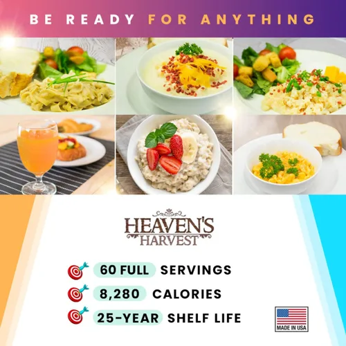 Vista 5 de Heaven’s Harvest Kit de Alimentos Familiares de 25 Años — Suministro de Alimentos de Emergencia. Kit de Alimentos de Supervivencia Liofilizados +