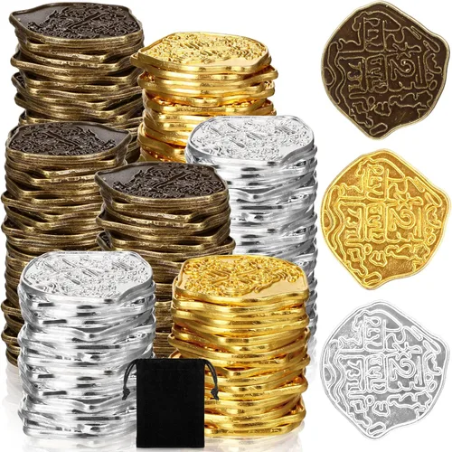 Vista 9 de Hanaive 100 Piezas Monedas de Pirata de Metal Cofre del Tesoro Doblón Español Monedas Falsas Fichas para Niños Juegos de Mesa Fiesta Pirata Cosplay