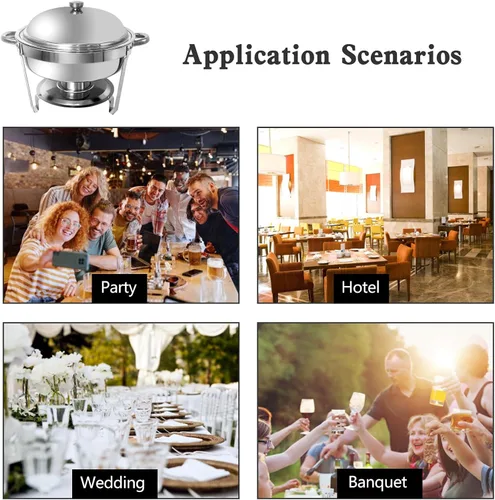 Vista 6 de Plato para bufé, servidores redondos de 6 cuartos de galón y calentadores de alimentos, servidores de rozaduras de acero inoxidable para fiestas