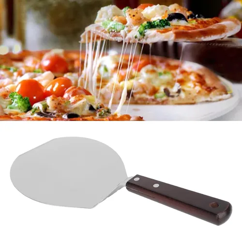 Vista 8 de Espátula de pizza de acero inoxidable, espátula de cocina para pasteles, pizza, panqueques, salteado (espátula redonda para pizza, mango de madera)