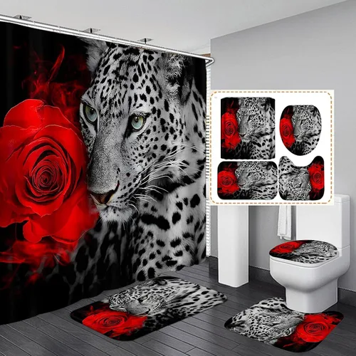 Vista 10 de Juego de 4 cortinas de ducha de rey león negro, citas inspiradoras, palabras motivacionales positivas y educativas, decoración de baño de animales