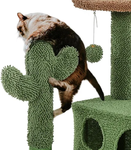 Vista 3 de Yaheetech Árbol para Gatos con Forma de Cactus, Torre de 54.5 Pulgadas con Rampa, Percha con Forma de Orejas de Animal, Postes Rascadores