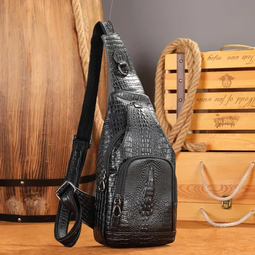 Vista 2 de NIUCUNZH Bolso bandolera de piel de cocodrilo con correa de cuero, 3 bolsas cruzadas con cremallera para viajes, senderismo, transporte diario