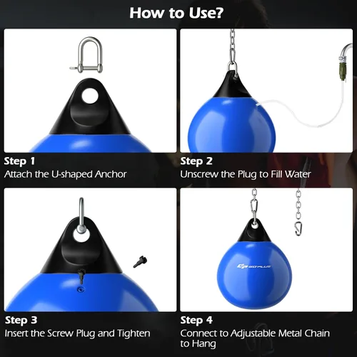 Vista 5 de Goplus Bolsa de Agua Aqua, Bolsa de Boxeo Pesada de 180 Libras de 21 Pulgadas / 110 Libras de 18 Pulgadas con Cadena Metálica Ajustable, Manguera