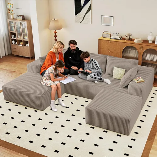 Vista 13 de Sofá modular Cloud de 95 pulgadas con otomana, moderno sofá nube en forma de U con asiento profundo, cómodo sofá de pana de 3 plazas, sofá de espuma