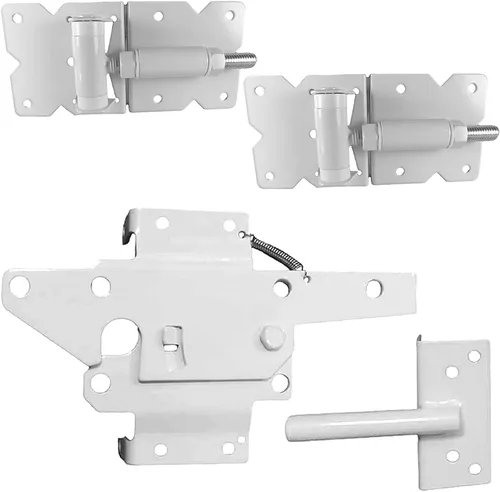 Vista 10 de Kit de herrajes para valla de vinilo de cierre automático, color blanco, puerta individual con 2 bisagras y pestillo