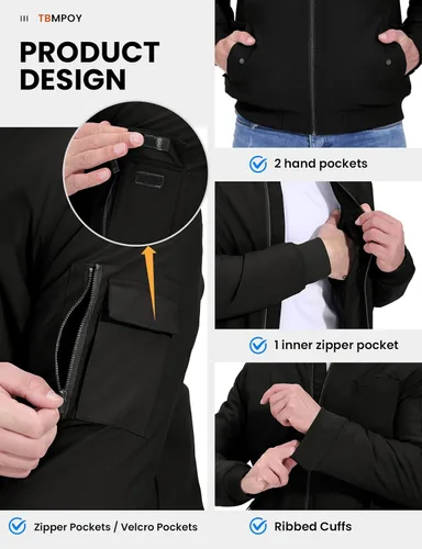 Vista 5 de TBMPOY - Chaqueta de hombre para el otoño, chaqueta de invierno, rompevientos, bomber, con cremallera, acolchada, de softshell, cálida