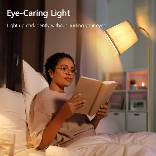 Vista 7 de AUQUEE - Lámpara de pie LED, lámpara de pie ajustable con pantalla de lino para sala de estar, luz de lectura moderna de cuello de ganso ajustable