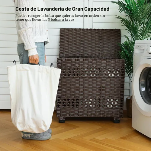 Vista 6 de OIAHOMY Cesta de lavandería con tapa, cesta de ropa de 140 litros con 3 bolsas extraíbles con forro, cesta plegable con tapa, cesta de mimbre Marrón