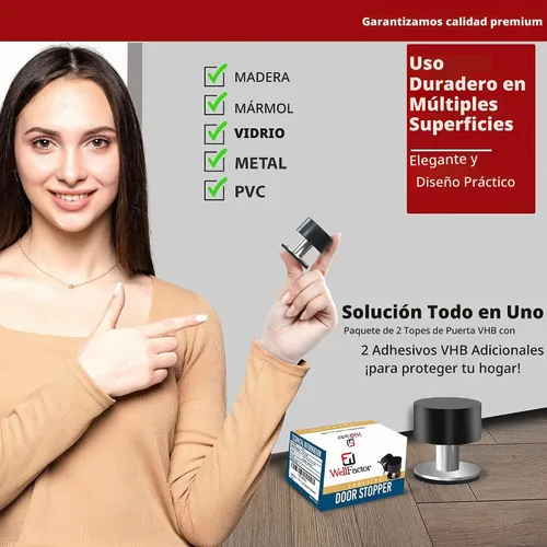 Vista 3 de Tope de puerta con adhesivo extra, tope de puerta autoadhesivo con parachoques de goma negra y cuerpo de acero inoxidable - Protector de pared