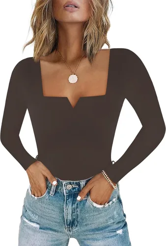 Vista 12 de Chunpin Body de manga larga para mujer, cuello cuadrado, muesca, cuello en V, traje de cuerpo de doble forro para salir, trajes de tanga Slim Fit