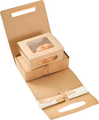 Vista 2 de Restaurantware Bio Tek - Loncheras de papel de 8.75 x 4.25 x 8 pulgadas con asas, 100 recipientes desechables de papel kraft para alimentos