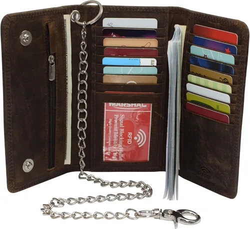 Vista 3 de CAZORO Cartera de cadena de motocicleta de Estados Unidos para hombre, 100% piel auténtica natural, bloqueo RFID triple largo, organizador de dinero