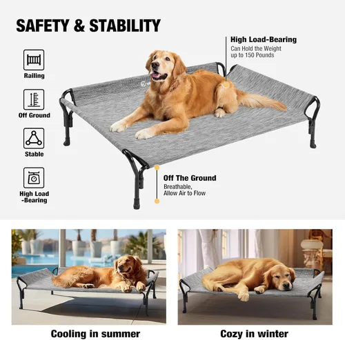 Vista 6 de Veehoo Cama elevada refrescante para perros, catres para perros grandes, cama elevada para perro con barandilla y reposacabezas inclinado, malla