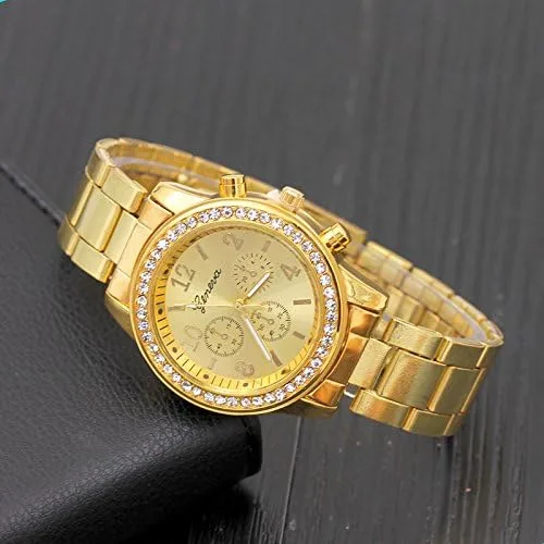 Vista 8 de JewelryWe Luxury Mens Women's Gold Dress Watch Stainless Steel Bling Rhinestones Quartz Wrist Watches