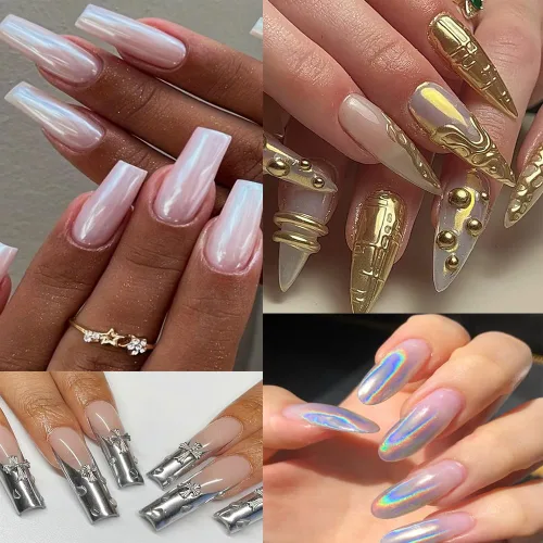 Vista 5 de Kit de polvo de uñas cromado con dijes de perlas de parte trasera plana, brillo de uñas cromado plateado, polvo de uñas cromado dorado para diseño